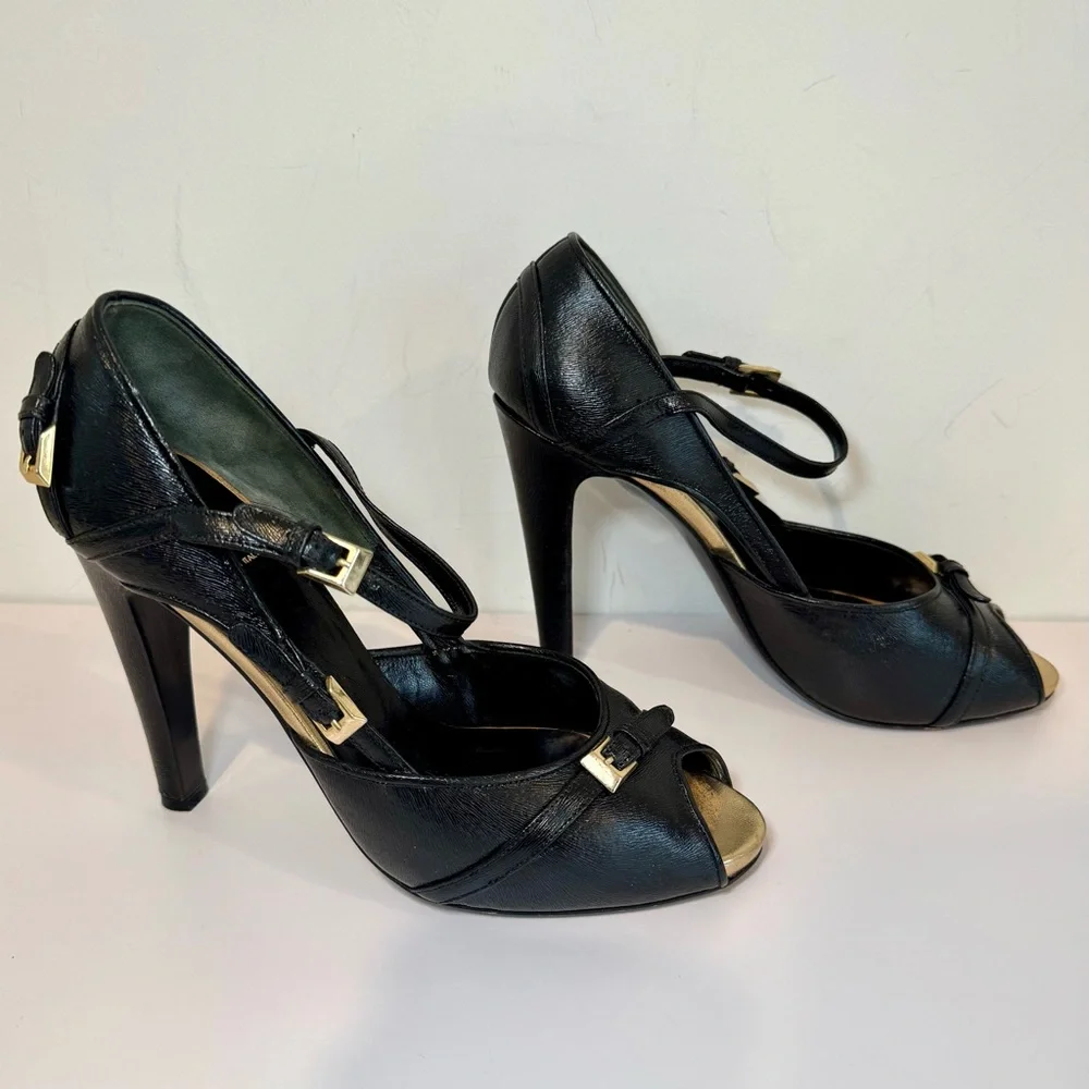 Fendi Black Leather Peep Toe D’Orsay Pumps W Gold Buckle Accents, Size 39